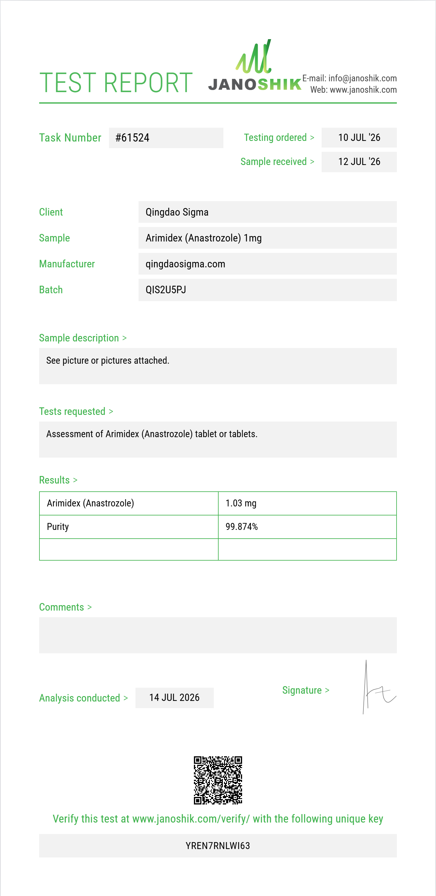 Arimidex (Anastrozole) Purity (HPLC) report by Janoshik Analytical
