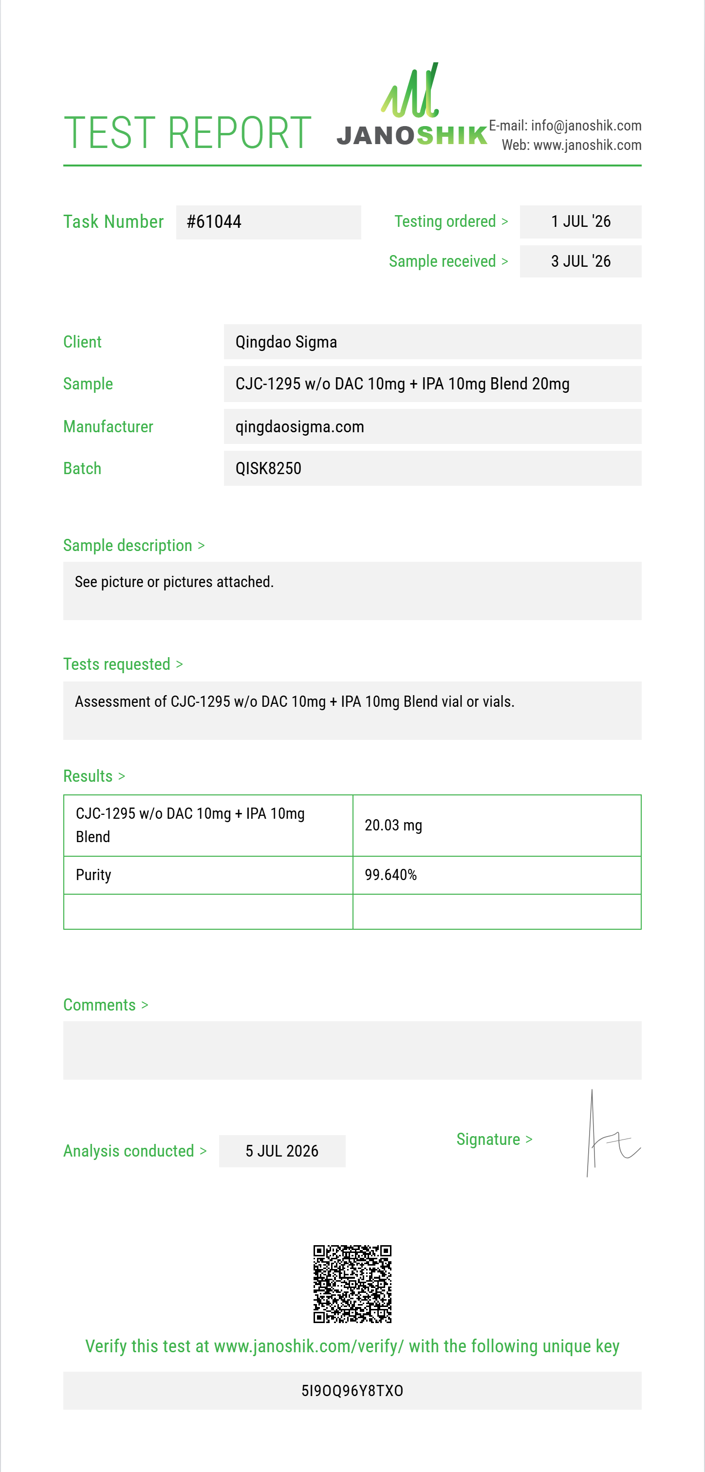 CJC-1295 w/o DAC 10mg + IPA 10mg Blend Purity (HPLC) report by Janoshik Analytical