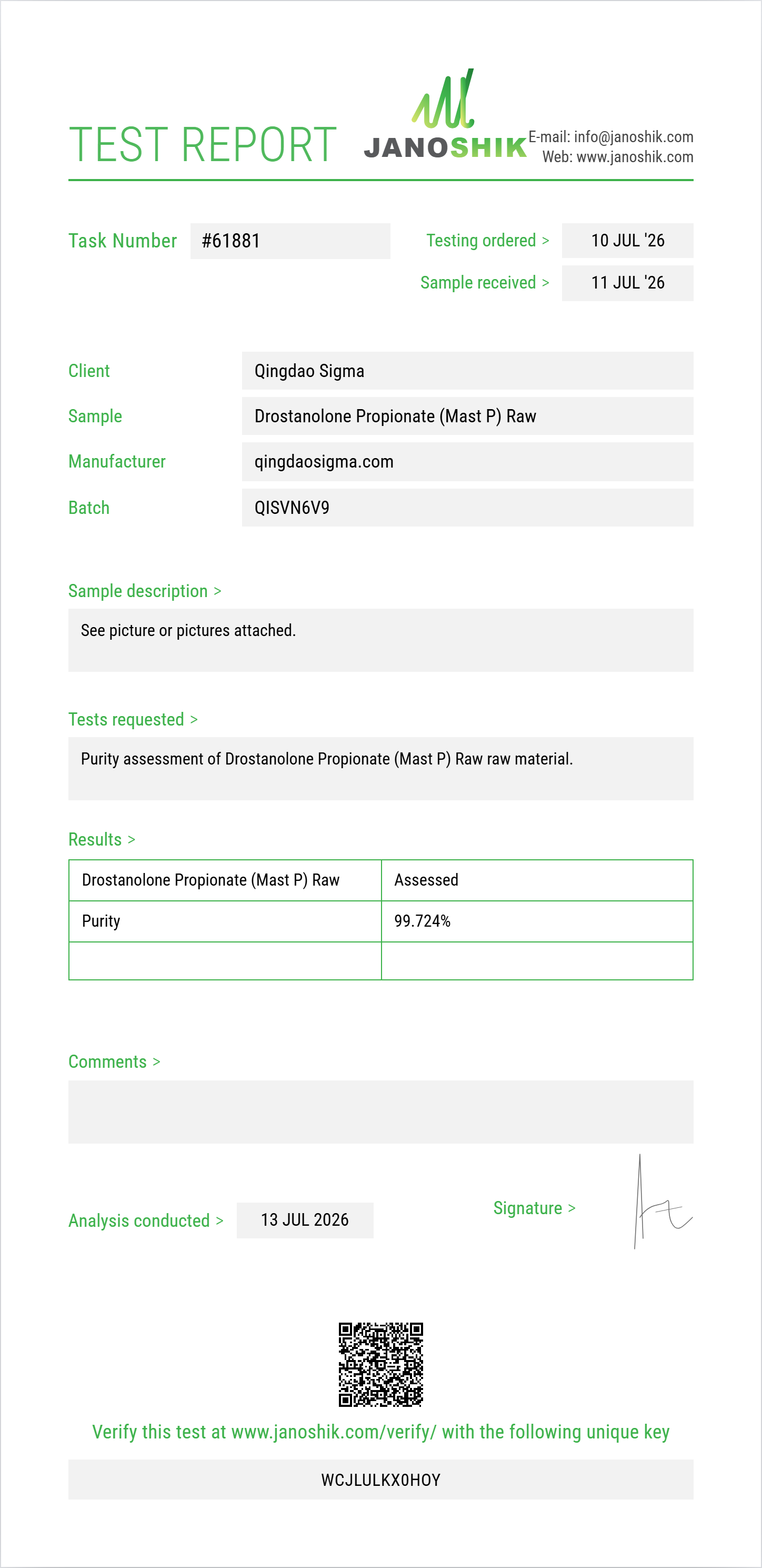 Drostanolone Propionate (Mast P) Raw Purity (HPLC) report by Janoshik Analytical