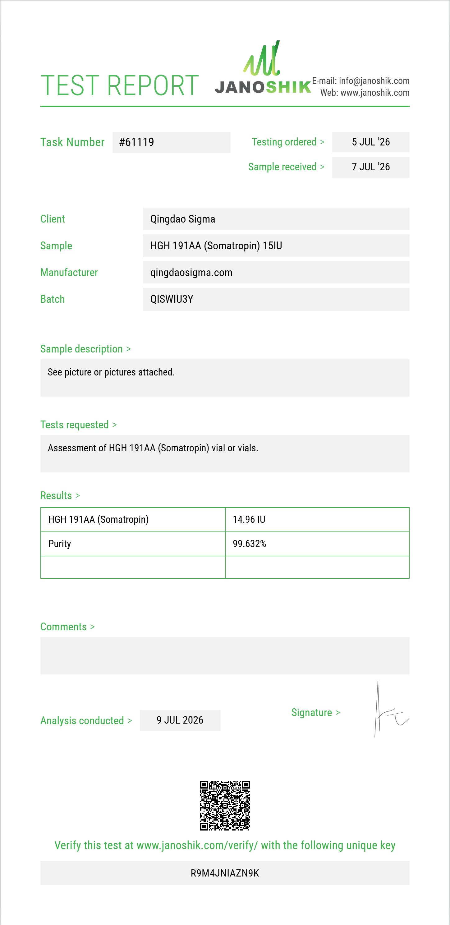 HGH 191AA (Somatropin) Purity (HPLC) report by Janoshik Analytical
