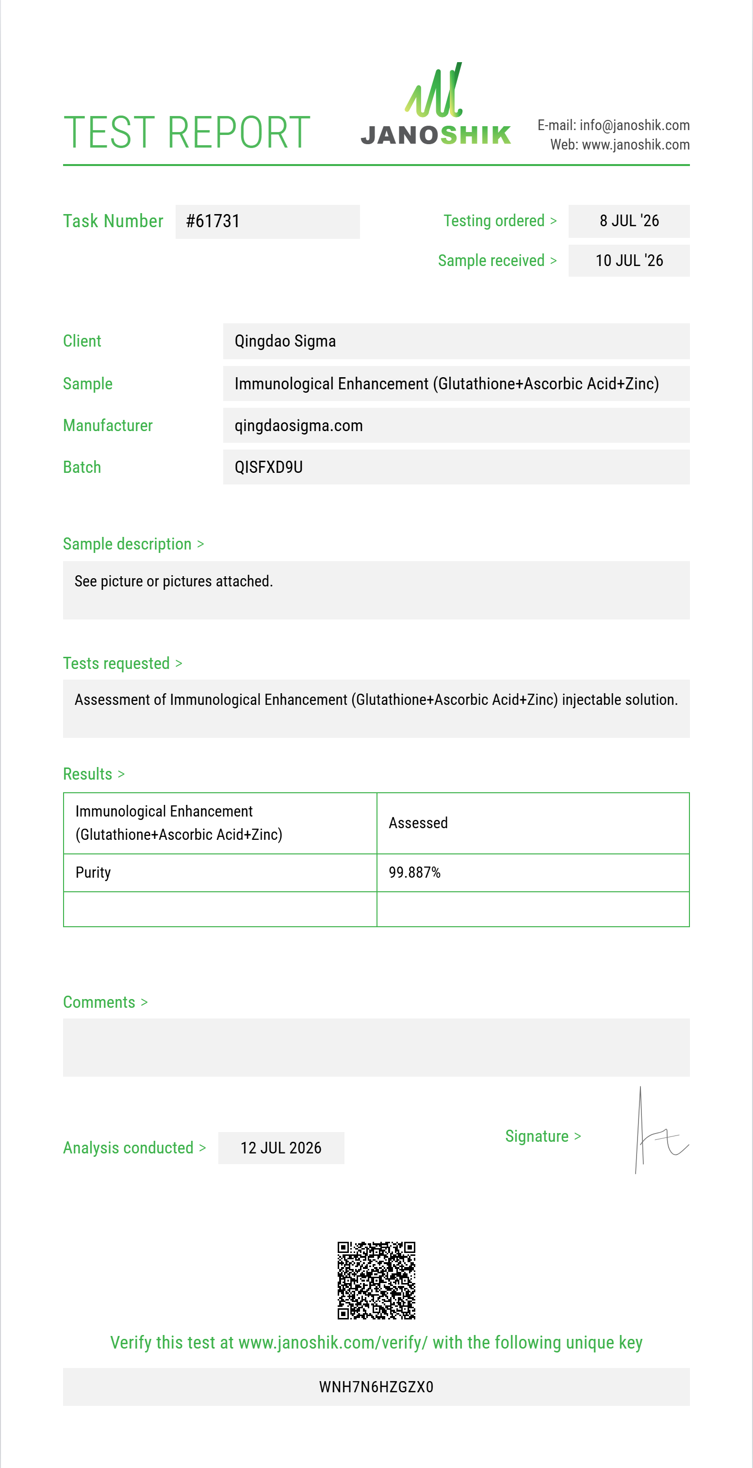Immunological Enhancement (Glutathione 200mg+Ascorbic Acid 200mg+Zinc Sulfate 2.5mg) Purity (HPLC) report by Janoshik Analytical
