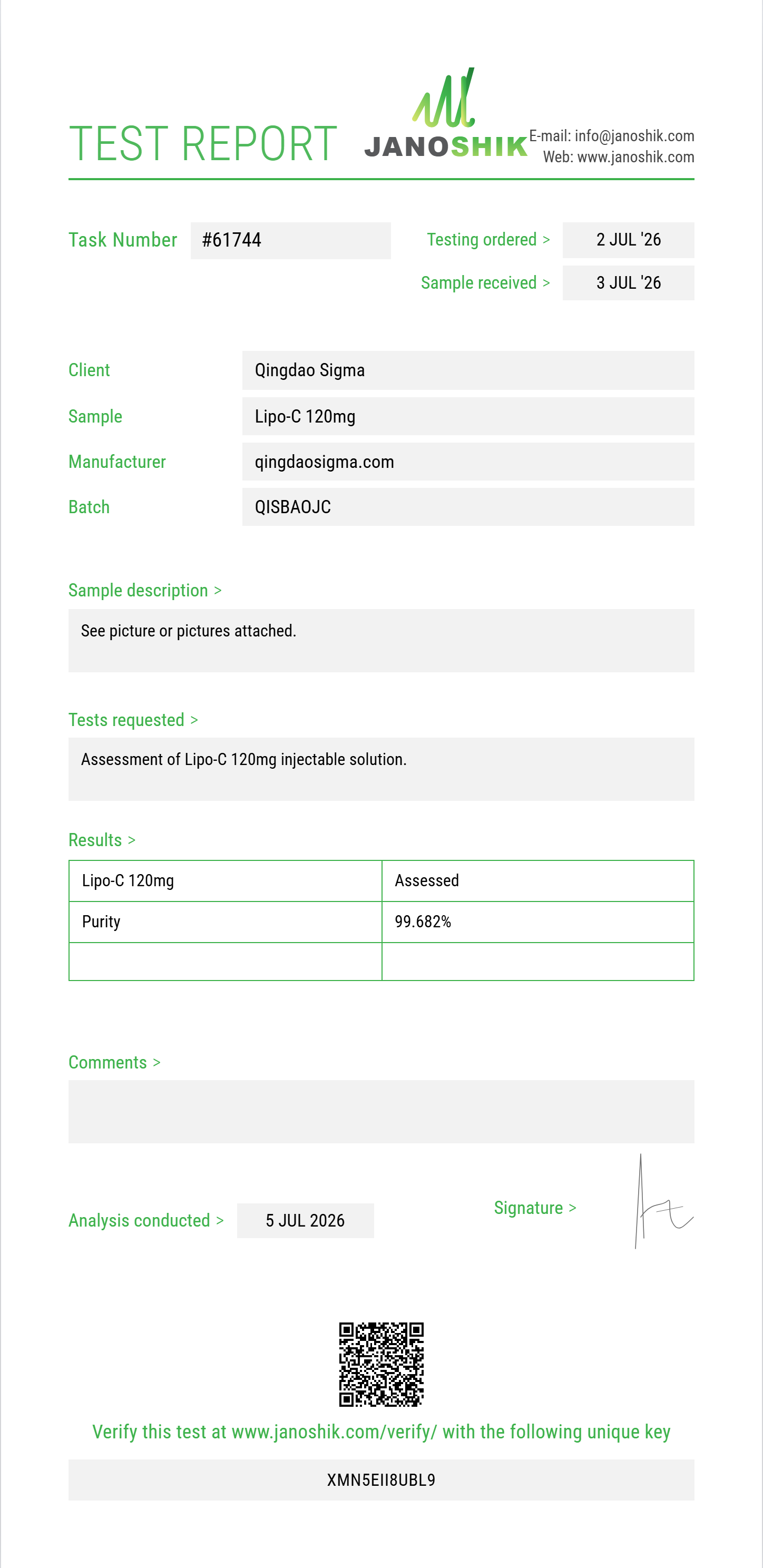Lipo-C 120mg Purity (HPLC) report by Janoshik Analytical