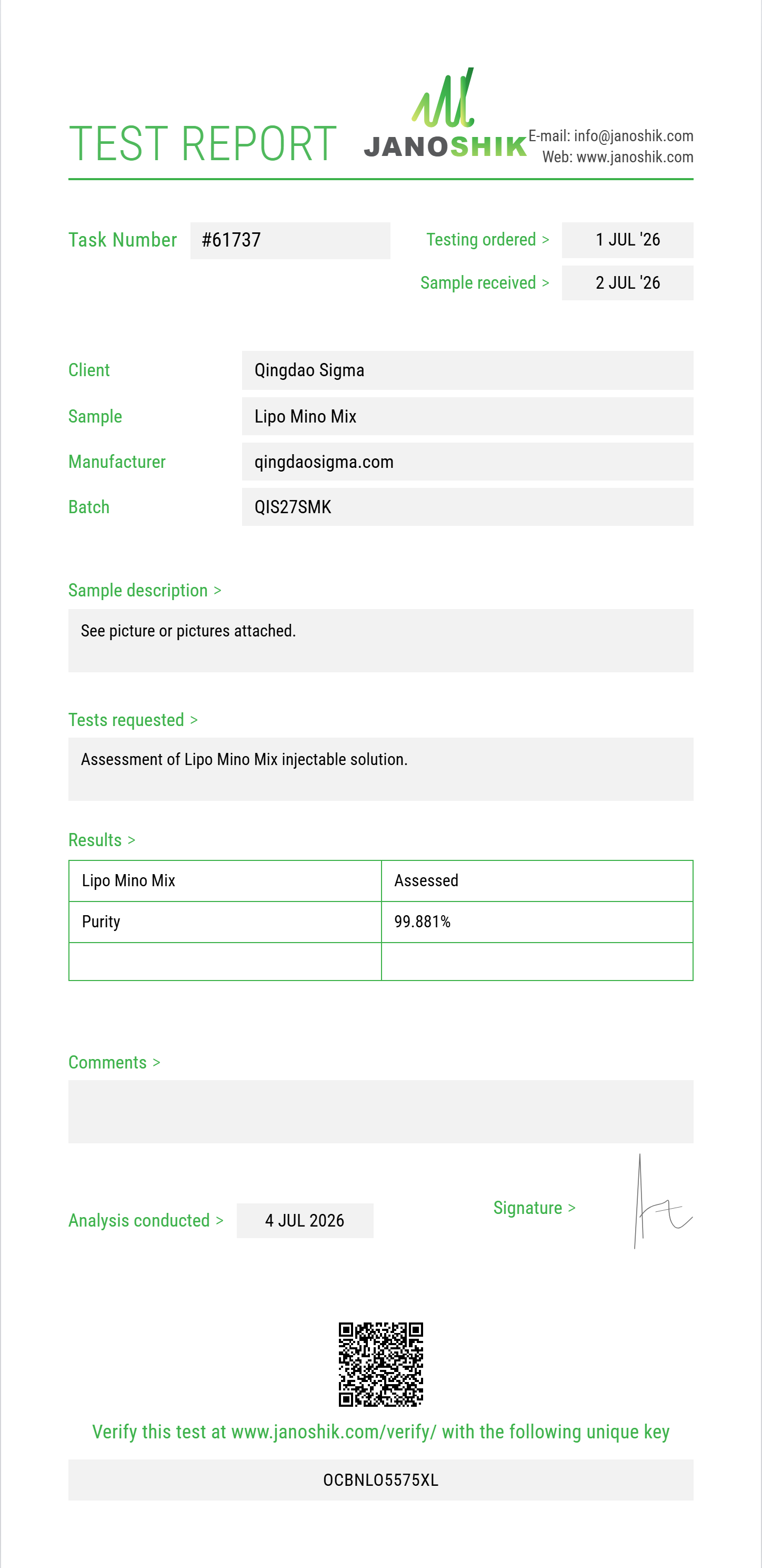 Lipo Mino Mix (B6+Methionine+Inositol+Choline+B1+B2+Carnitine) Purity (HPLC) report by Janoshik Analytical