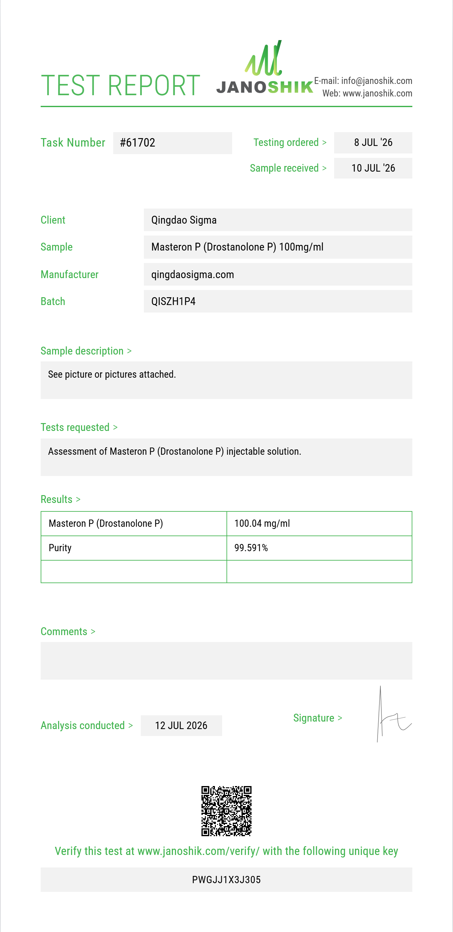 Masteron P (Drostanolone P) Purity (HPLC) report by Janoshik Analytical