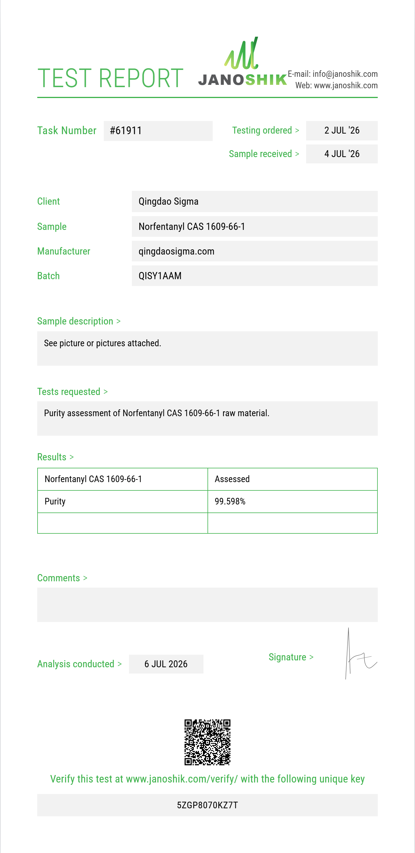 Norfentanyl CAS 1609-66-1 Purity (HPLC) report by Janoshik Analytical