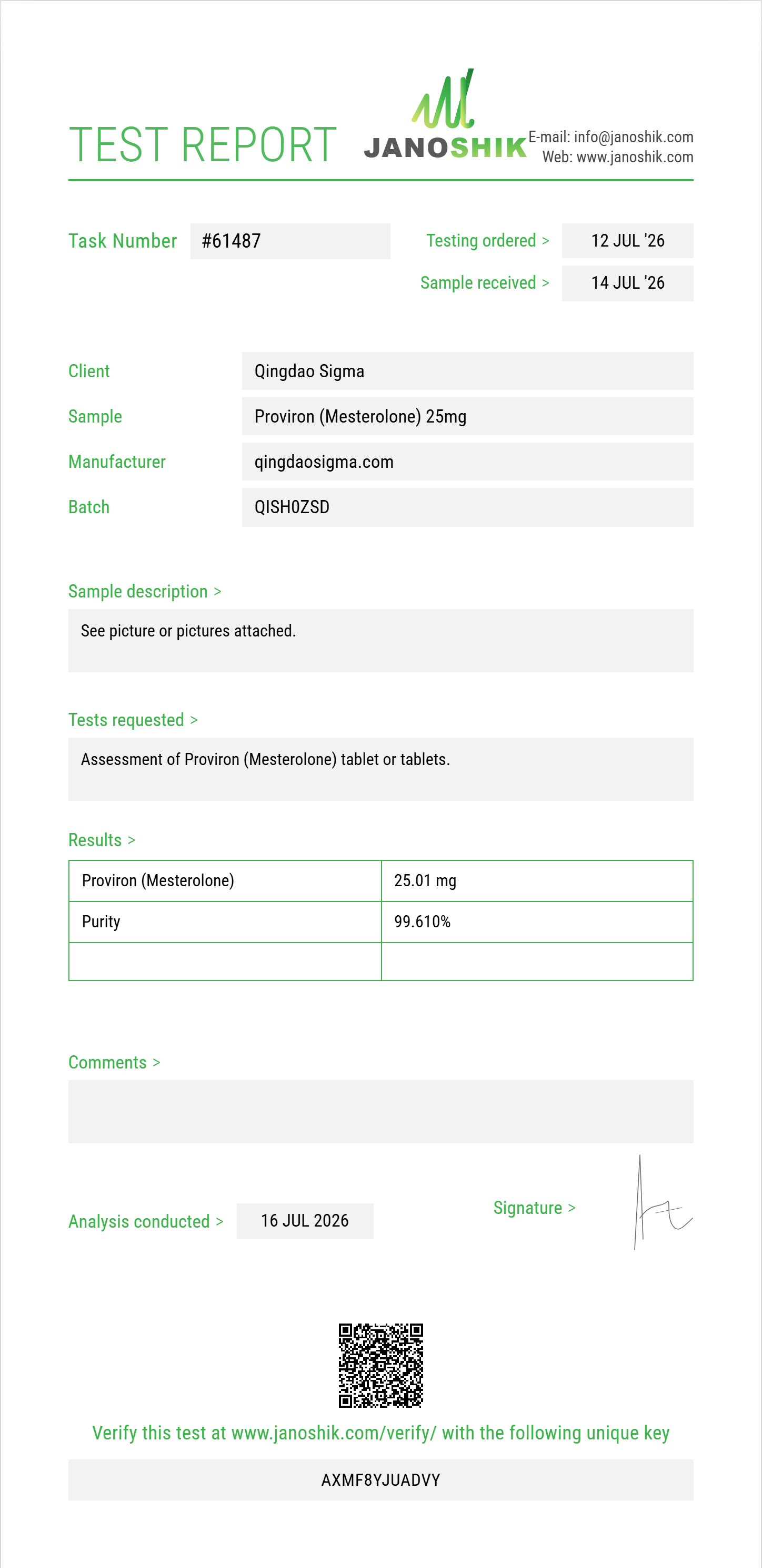 Proviron (Mesterolone) Purity (HPLC) report by Janoshik Analytical