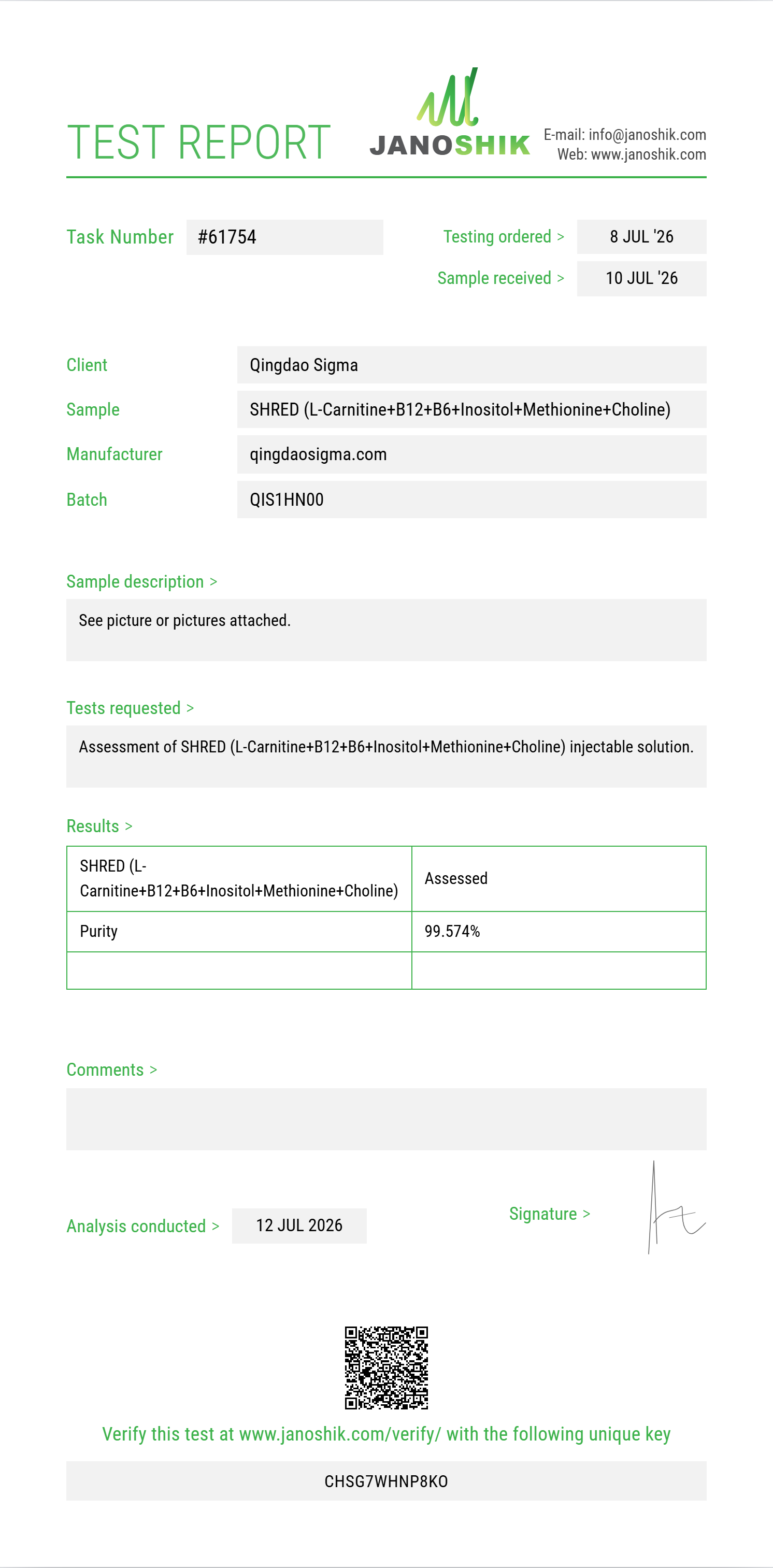 SHRED (L-Carnitine 200mg+B12+B6+Inositol+Methionine+Choline) Purity (HPLC) report by Janoshik Analytical