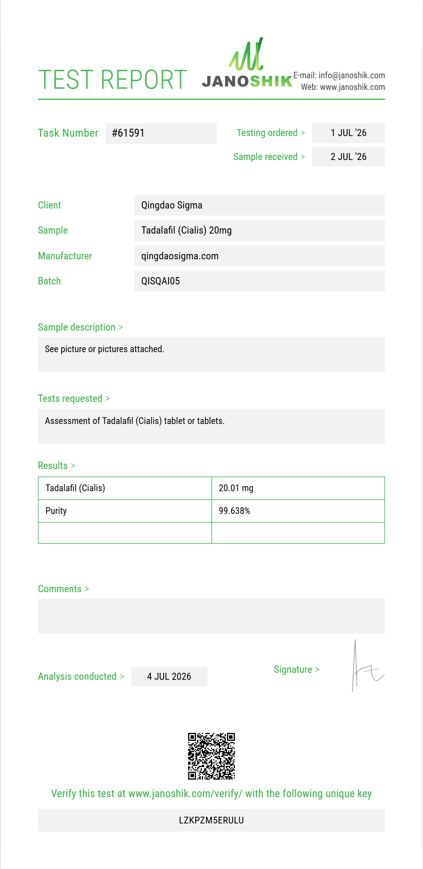 Tadalafil (Cialis) Purity (HPLC) report by Janoshik Analytical
