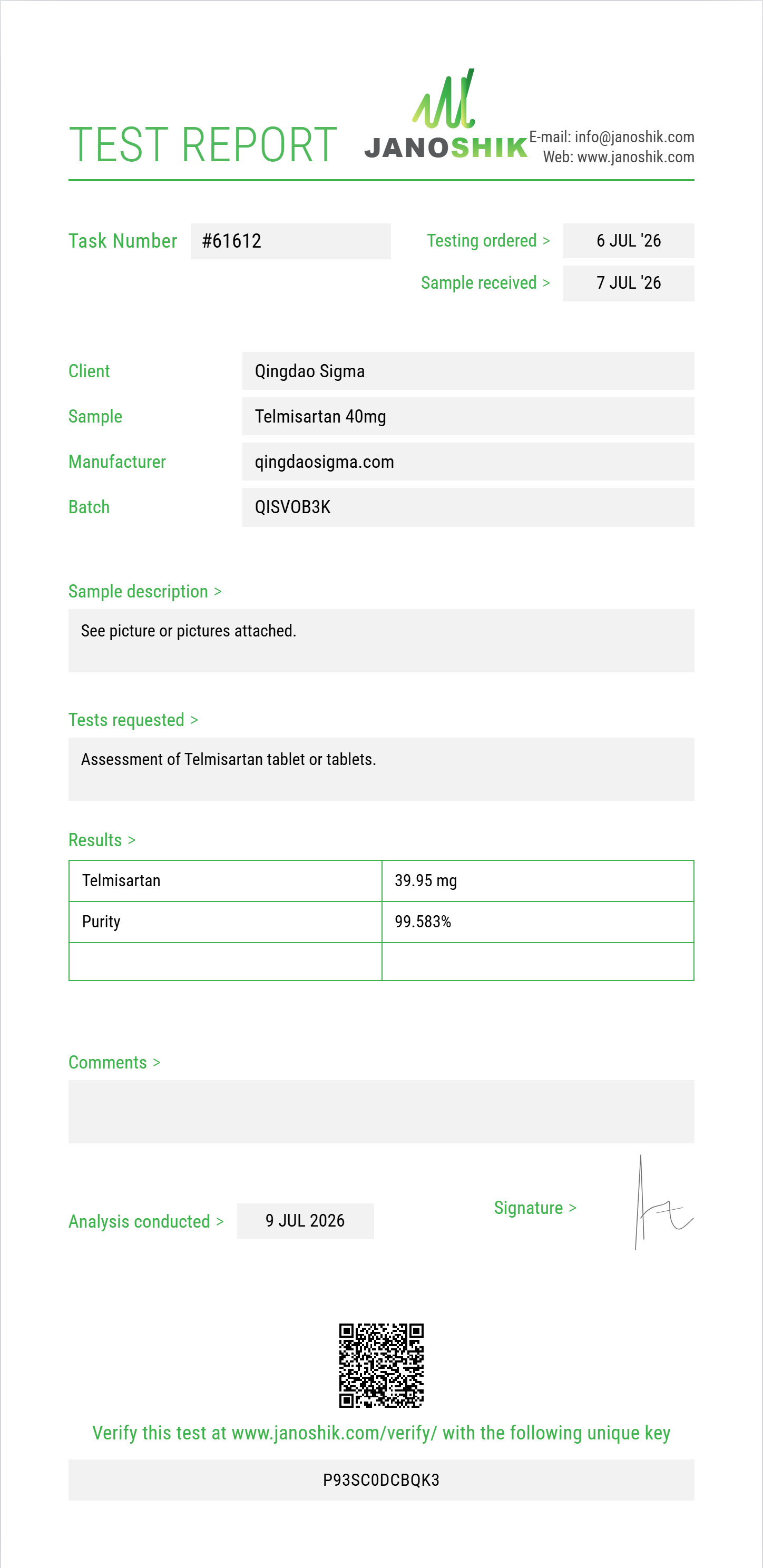 Telmisartan Purity (HPLC) report by Janoshik Analytical