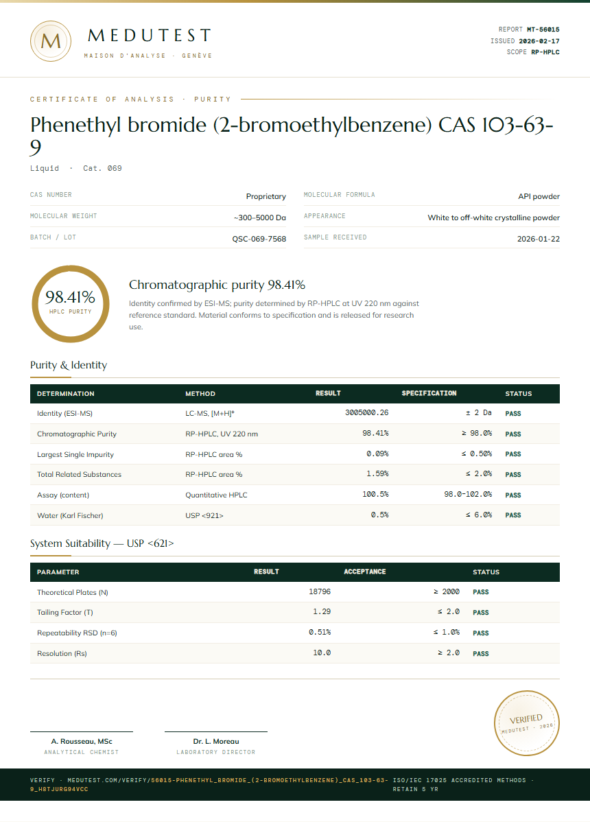 Phenethyl bromide (2-bromoethylbenzene) CAS 103-63-9 Purity Test Report by Medutest