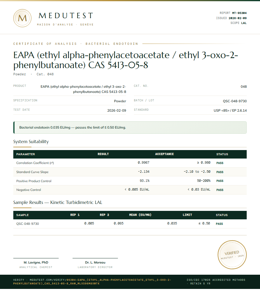 EAPA (ethyl alpha-phenylacetoacetate / ethyl 3-oxo-2-phenylbutanoate) CAS 5413-05-8 Endotoxin report by Medutest
