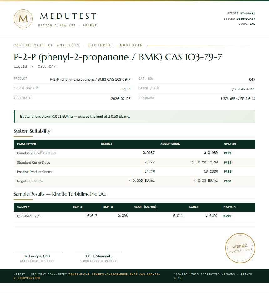 P-2-P (phenyl-2-propanone / BMK) CAS 103-79-7 Endotoxin report by Medutest