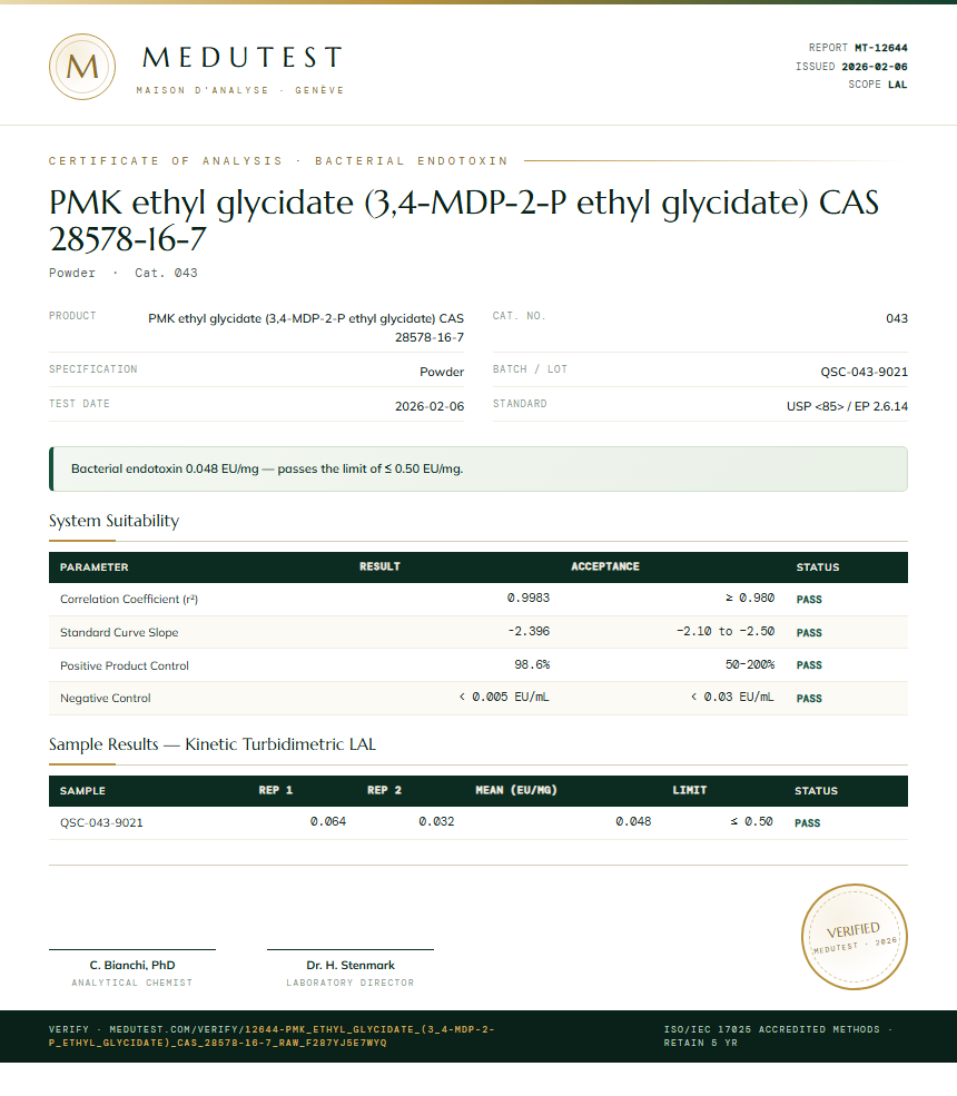 PMK ethyl glycidate (3,4-MDP-2-P ethyl glycidate) CAS 28578-16-7 Endotoxin report by Medutest