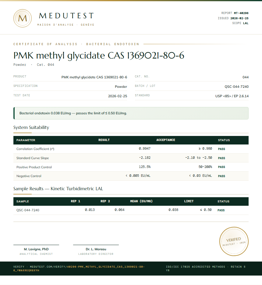 PMK methyl glycidate CAS 1369021-80-6 Endotoxin report by Medutest