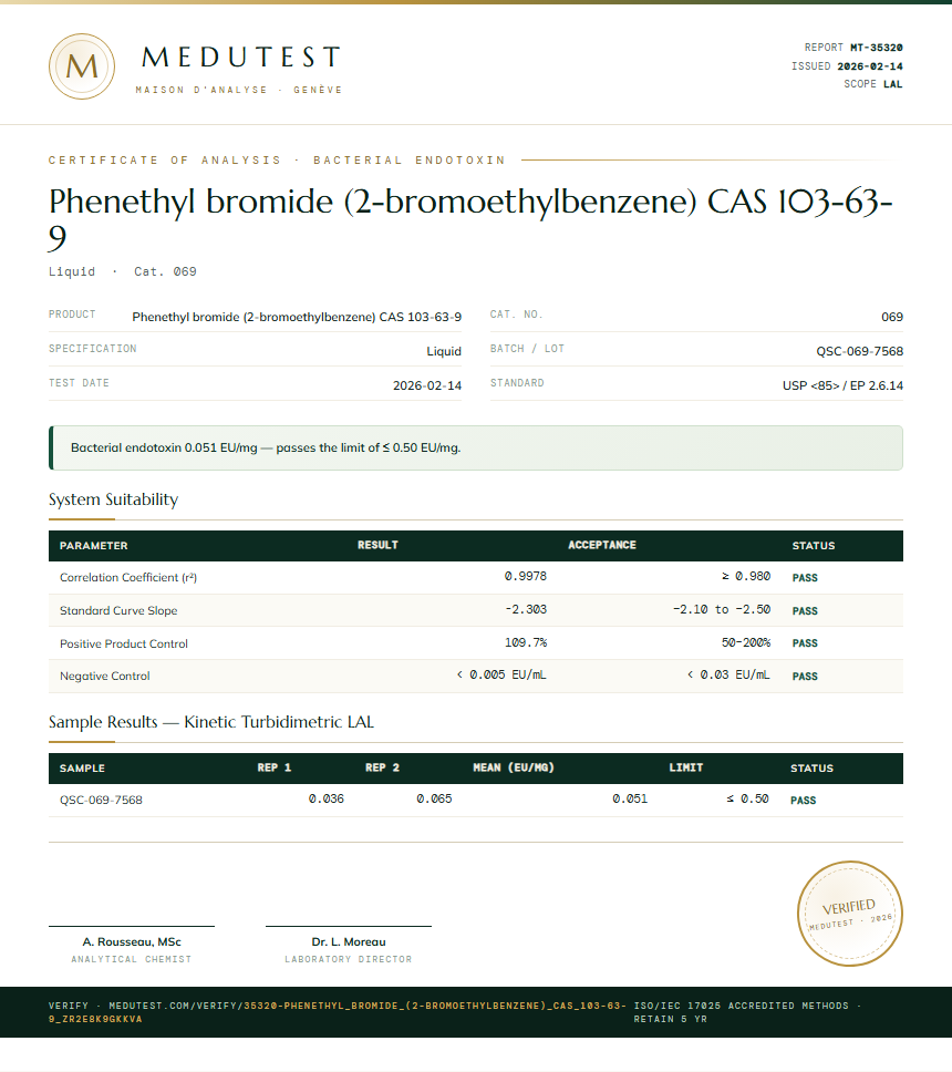 Phenethyl bromide (2-bromoethylbenzene) CAS 103-63-9 Endotoxin report by Medutest