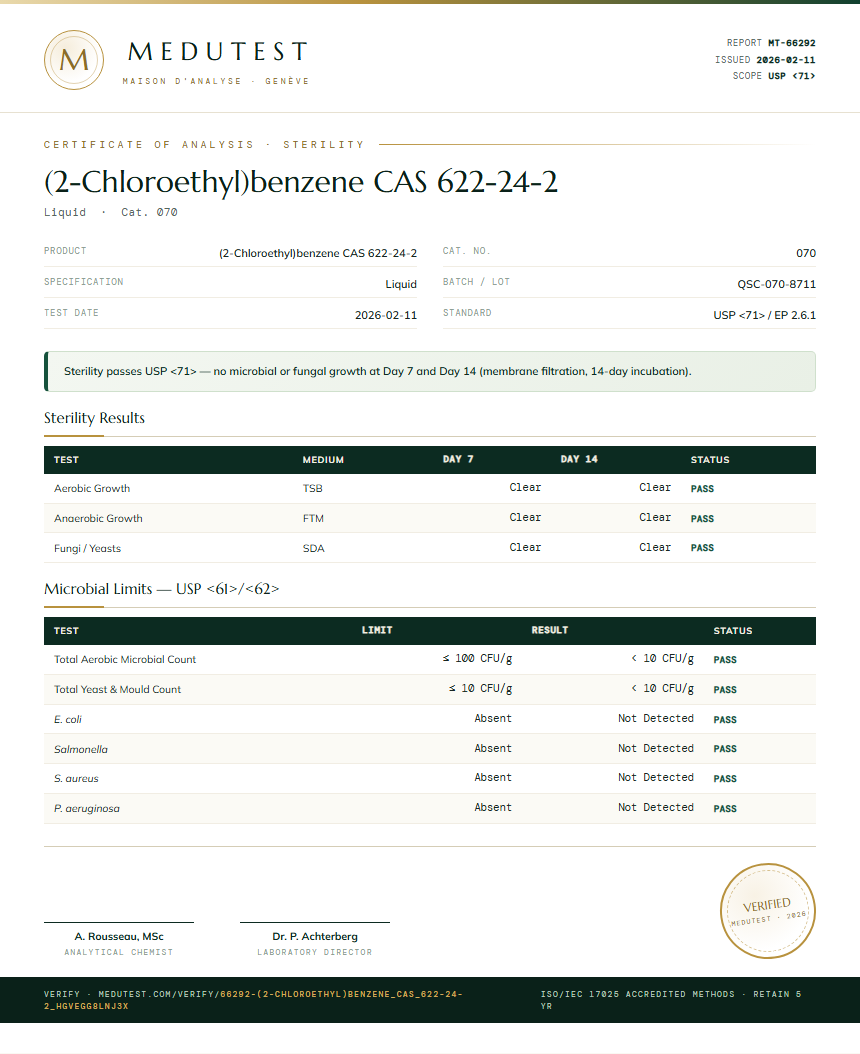 (2-Chloroethyl)benzene CAS 622-24-2 Sterility report by Medutest