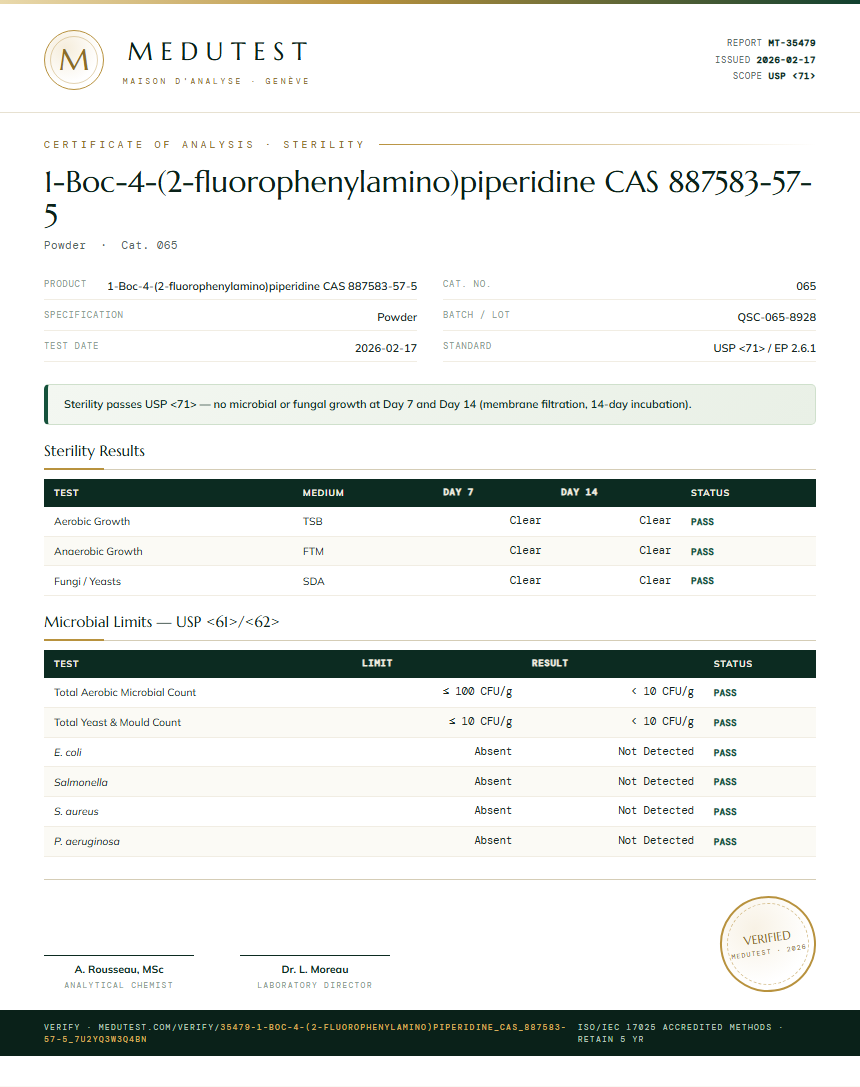 1-Boc-4-(2-fluorophenylamino)piperidine CAS 887583-57-5 Sterility report by Medutest