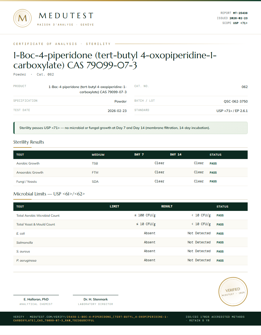 1-Boc-4-piperidone (tert-butyl 4-oxopiperidine-1-carboxylate) CAS 79099-07-3 Sterility report by Medutest