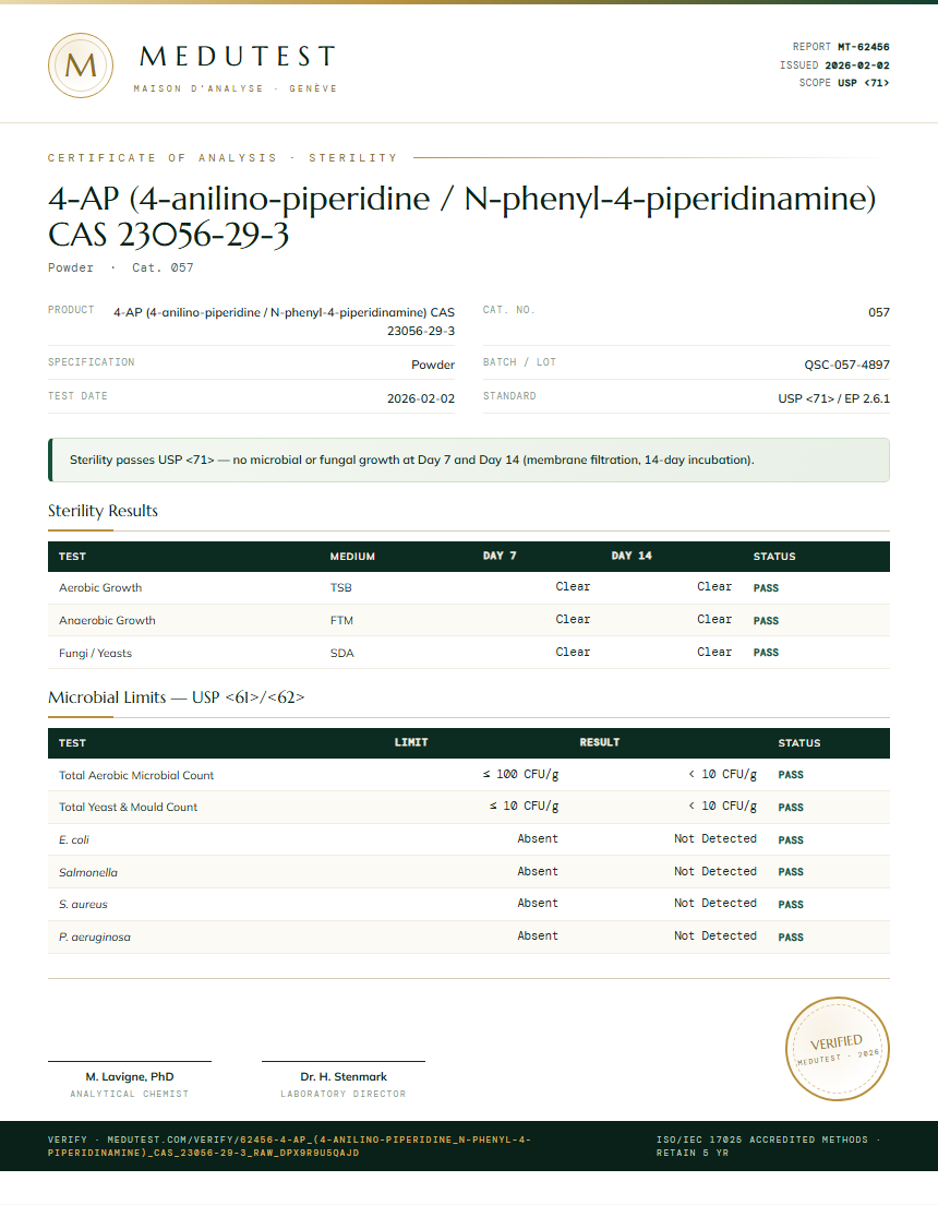 4-AP (4-anilino-piperidine / N-phenyl-4-piperidinamine) CAS 23056-29-3 Sterility report by Medutest