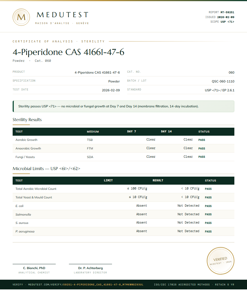 4-Piperidone CAS 41661-47-6 Sterility report by Medutest