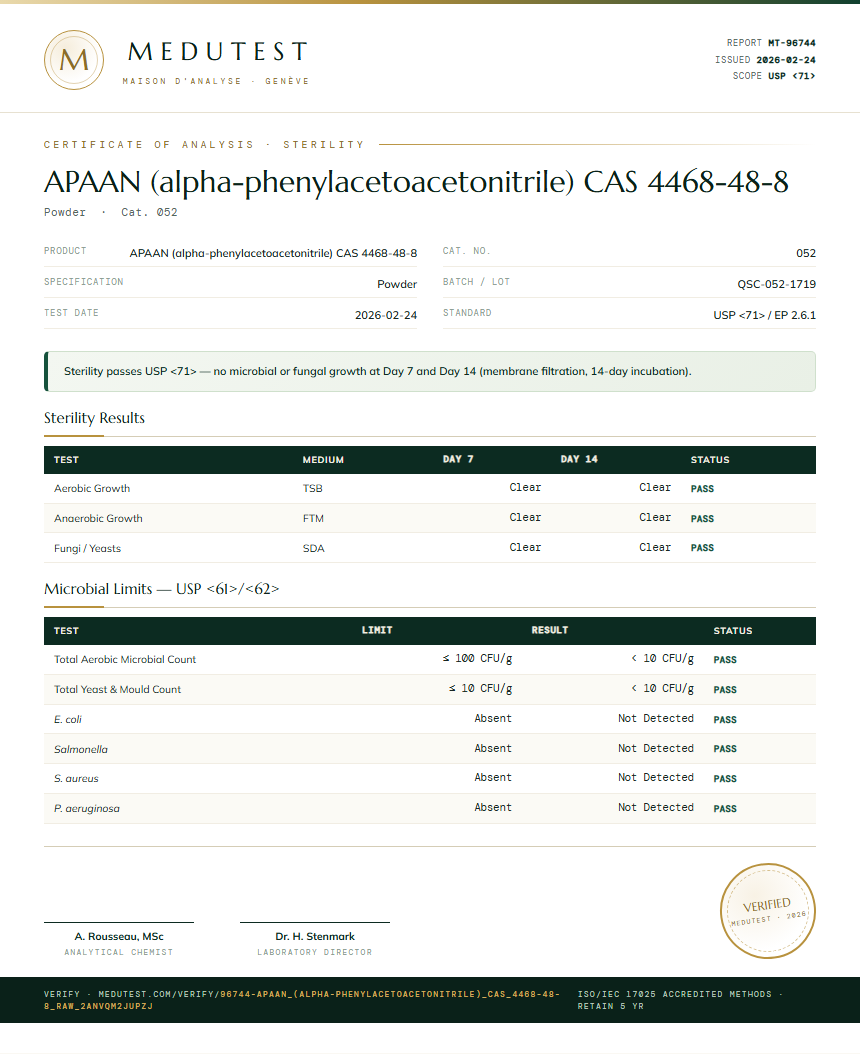 APAAN (alpha-phenylacetoacetonitrile) CAS 4468-48-8 Sterility report by Medutest