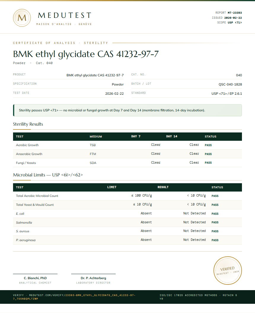 BMK ethyl glycidate CAS 41232-97-7 Sterility report by Medutest