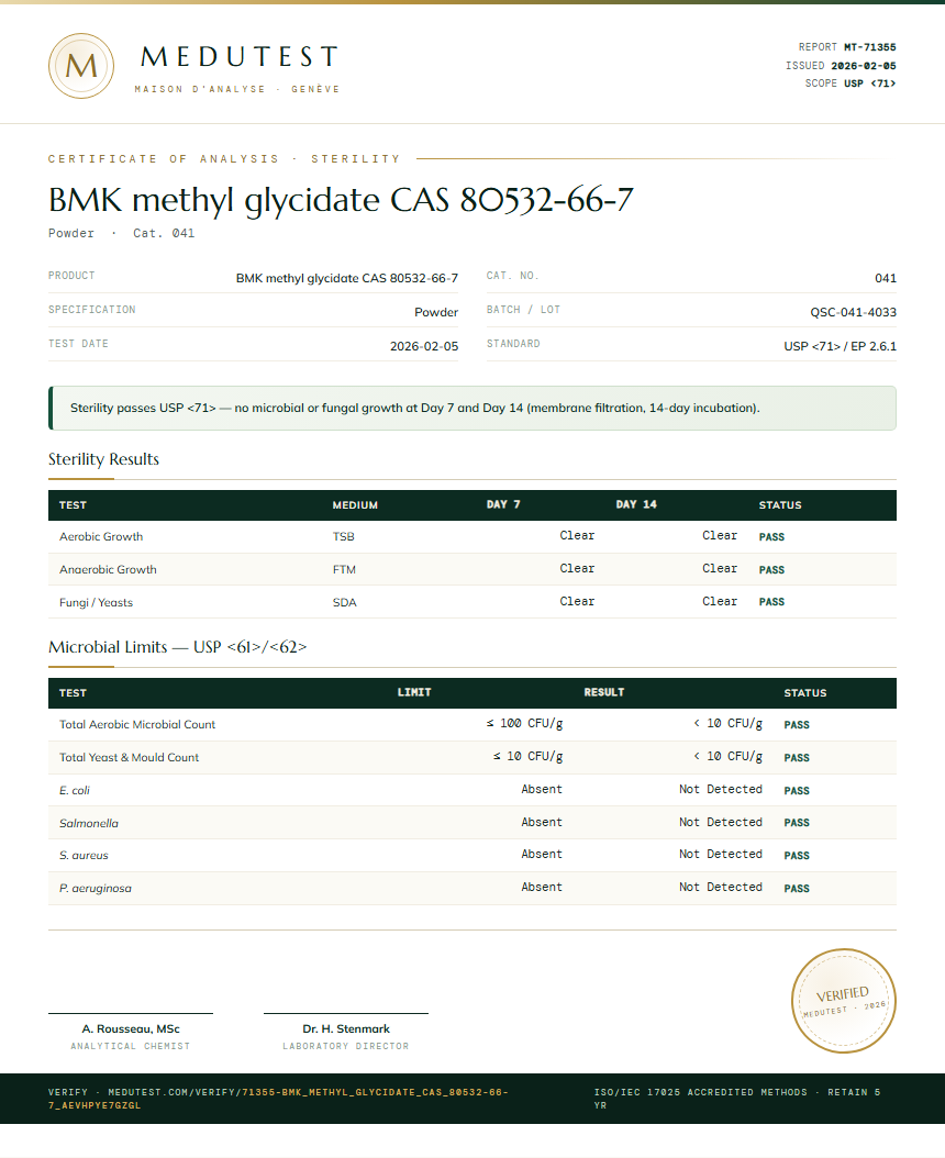 BMK methyl glycidate CAS 80532-66-7 Sterility report by Medutest