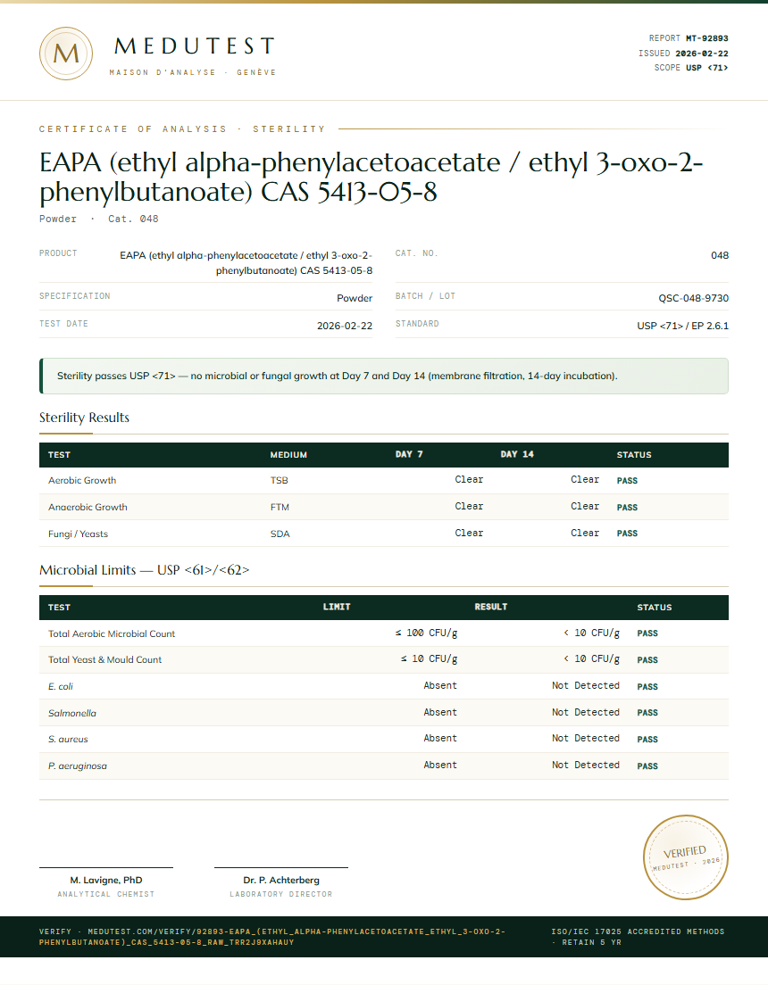 EAPA (ethyl alpha-phenylacetoacetate / ethyl 3-oxo-2-phenylbutanoate) CAS 5413-05-8 Sterility report by Medutest