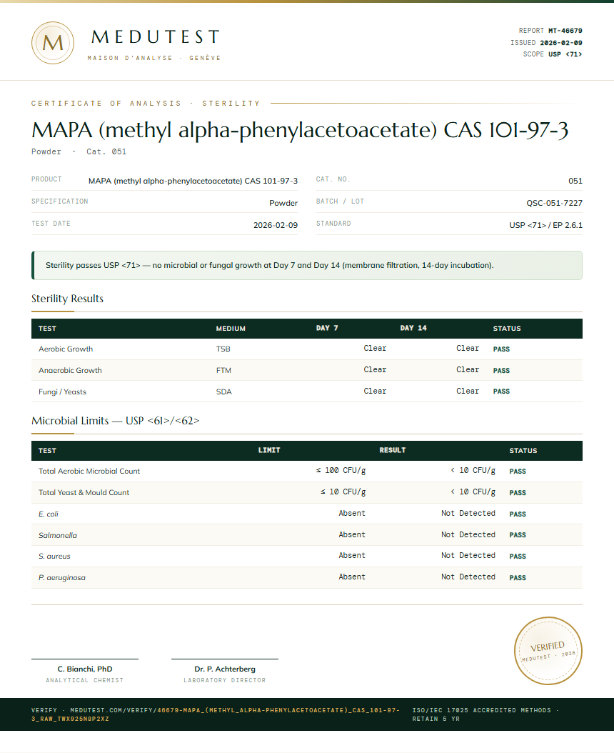 MAPA (methyl alpha-phenylacetoacetate) CAS 101-97-3 Sterility report by Medutest