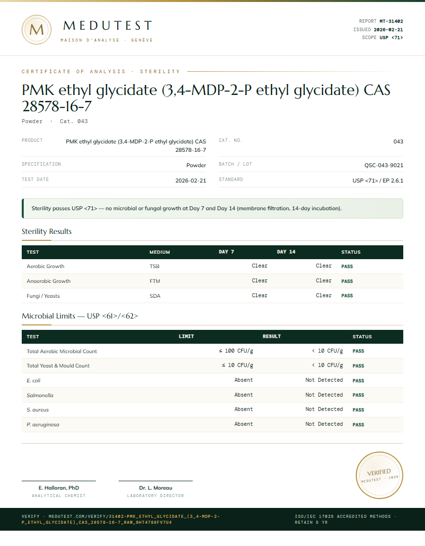 PMK ethyl glycidate (3,4-MDP-2-P ethyl glycidate) CAS 28578-16-7 Sterility report by Medutest