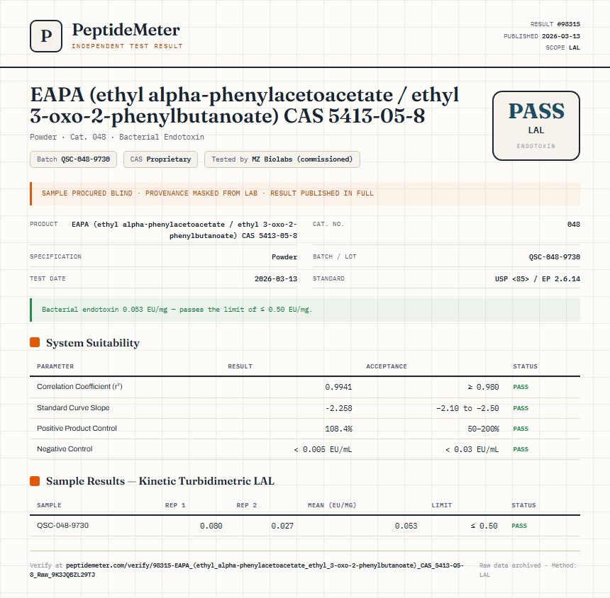 EAPA (ethyl alpha-phenylacetoacetate / ethyl 3-oxo-2-phenylbutanoate) CAS 5413-05-8 Endotoxin report by PeptideMeter
