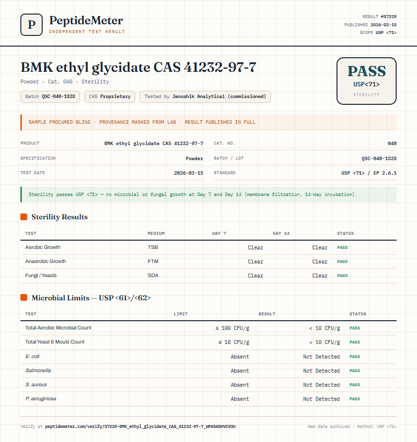 BMK ethyl glycidate CAS 41232-97-7 Sterility report by PeptideMeter