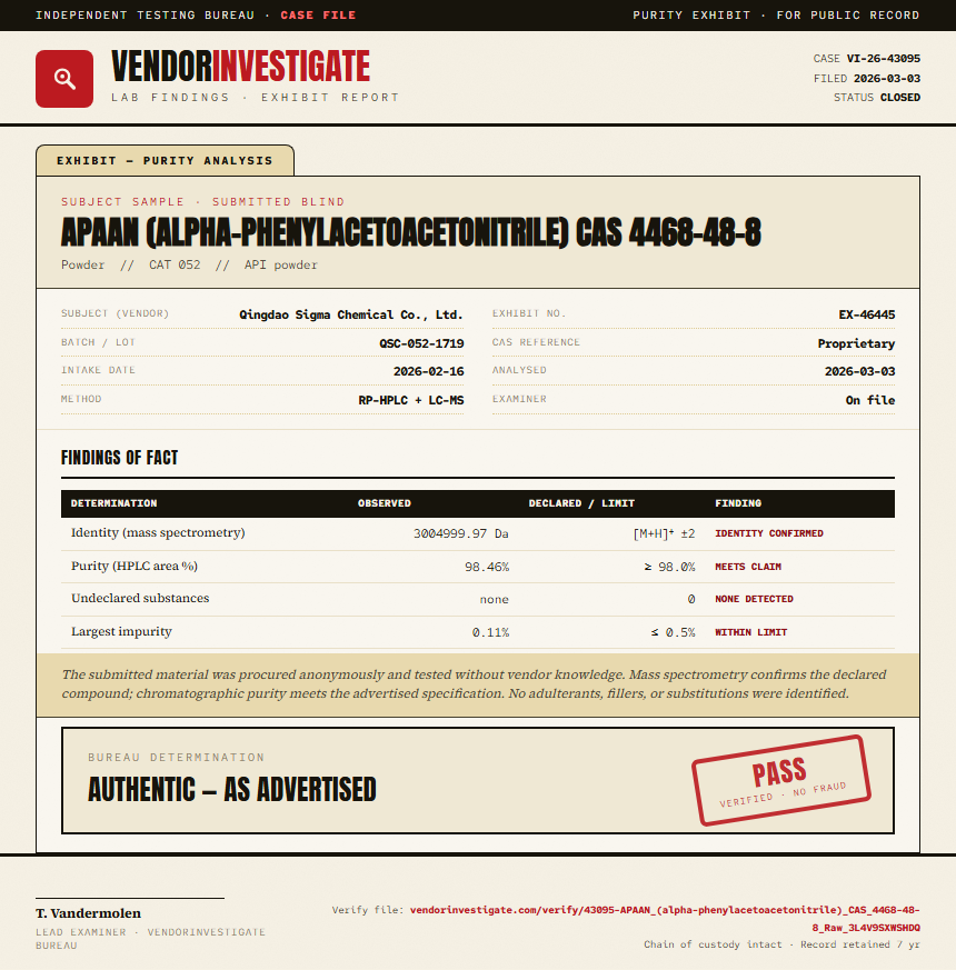APAAN (alpha-phenylacetoacetonitrile) CAS 4468-48-8 Purity (HPLC) report by VendorInvestigate