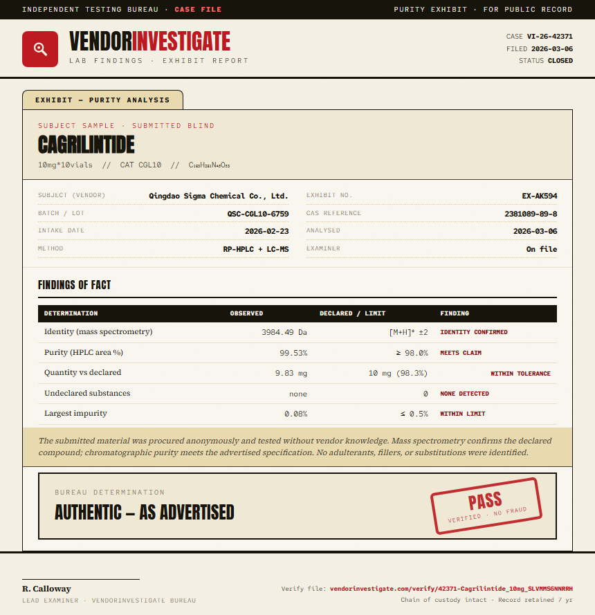 Cagrilintide 5mg + Semaglutide 5mg Blend Purity (HPLC) report by VendorInvestigate