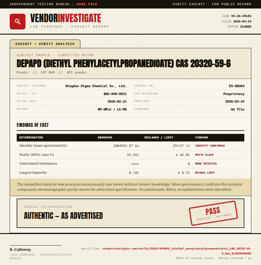DEPAPD (diethyl phenylacetylpropanedioate) CAS 20320-59-6 Purity (HPLC) report by VendorInvestigate