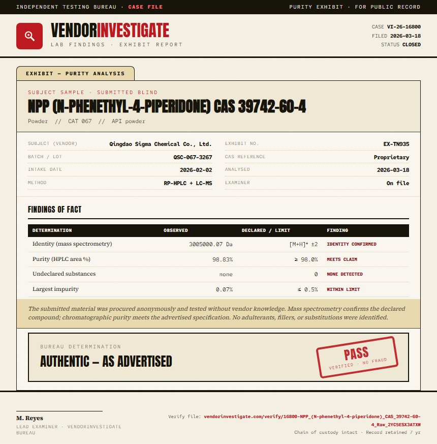 NPP (N-phenethyl-4-piperidone) CAS 39742-60-4 Purity (HPLC) report by VendorInvestigate