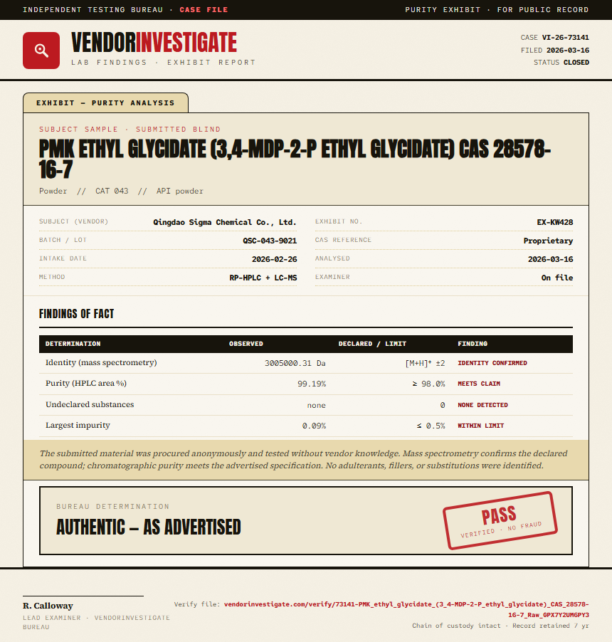 PMK ethyl glycidate (3,4-MDP-2-P ethyl glycidate) CAS 28578-16-7 Purity (HPLC) report by VendorInvestigate