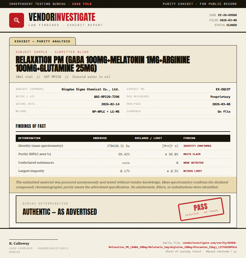 Relaxation PM (GABA 100mg+Melatonin 1mg+Arginine 100mg+Glutamine 25mg) Purity (HPLC) report by VendorInvestigate