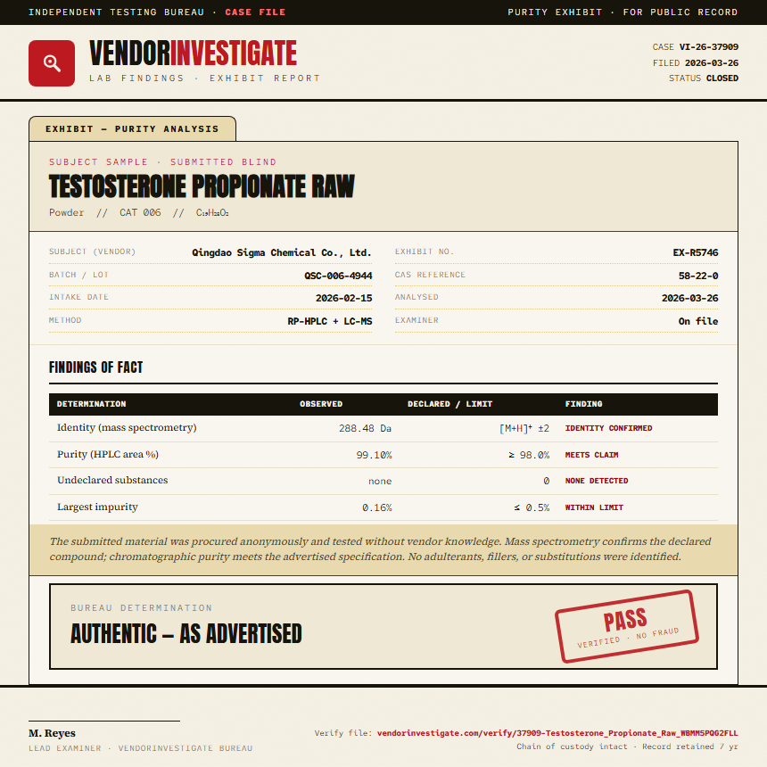 Testosterone Propionate Raw Purity (HPLC) report by VendorInvestigate