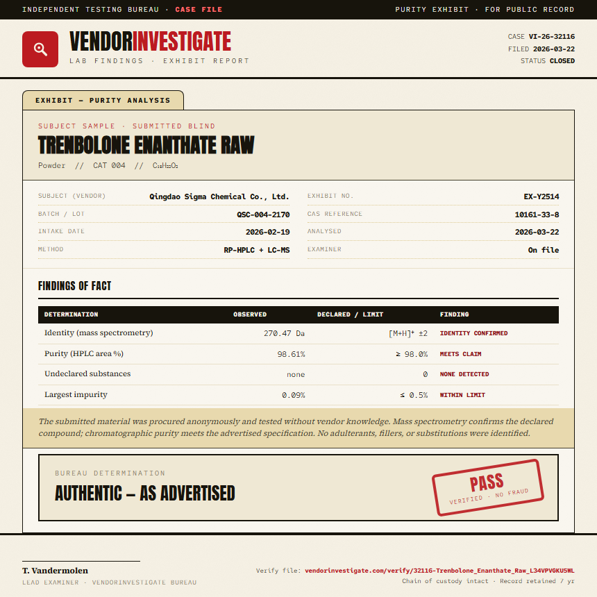 Trenbolone Enanthate Raw Purity (HPLC) report by VendorInvestigate