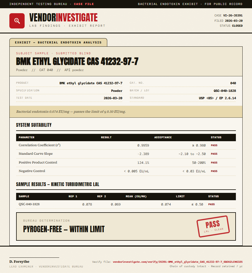 BMK ethyl glycidate CAS 41232-97-7 Endotoxin report by VendorInvestigate