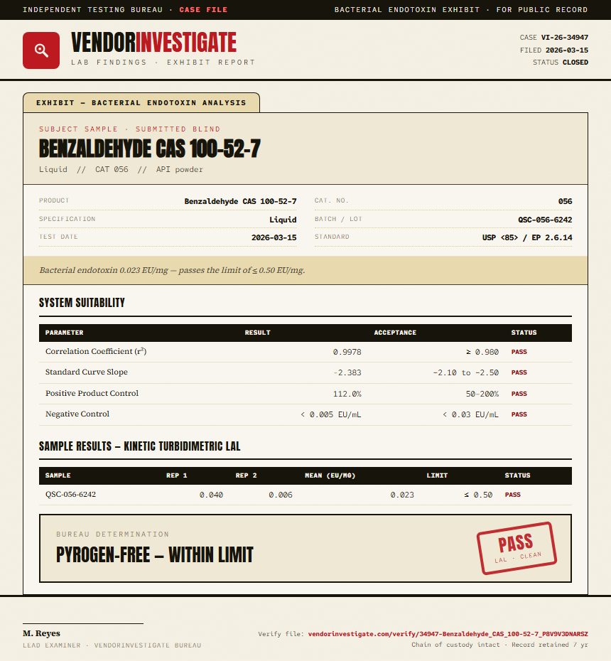 Benzaldehyde CAS 100-52-7 Endotoxin report by VendorInvestigate