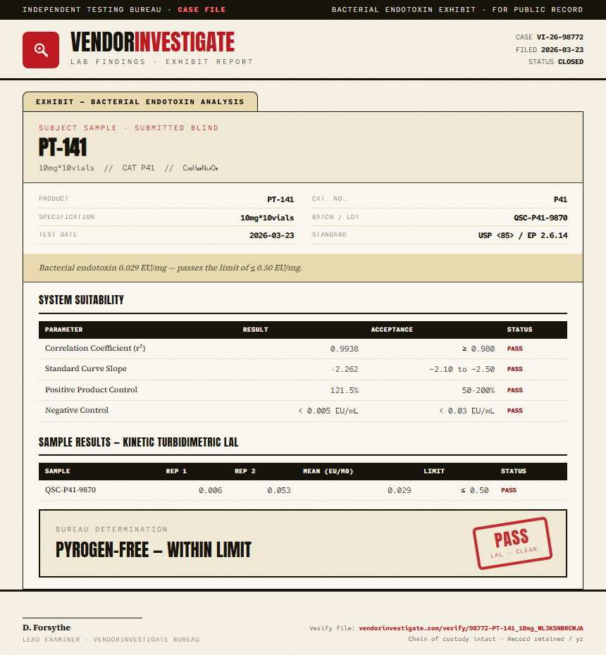 PT-141 Endotoxin report by VendorInvestigate