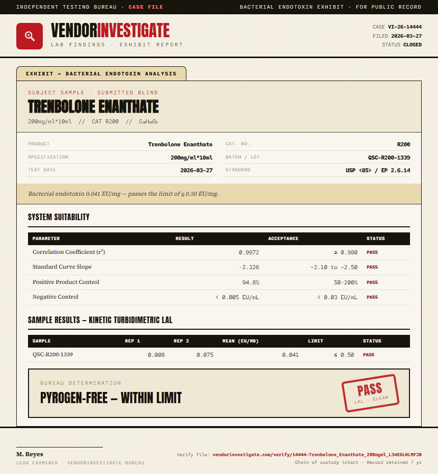 Trenbolone Enanthate Endotoxin report by VendorInvestigate