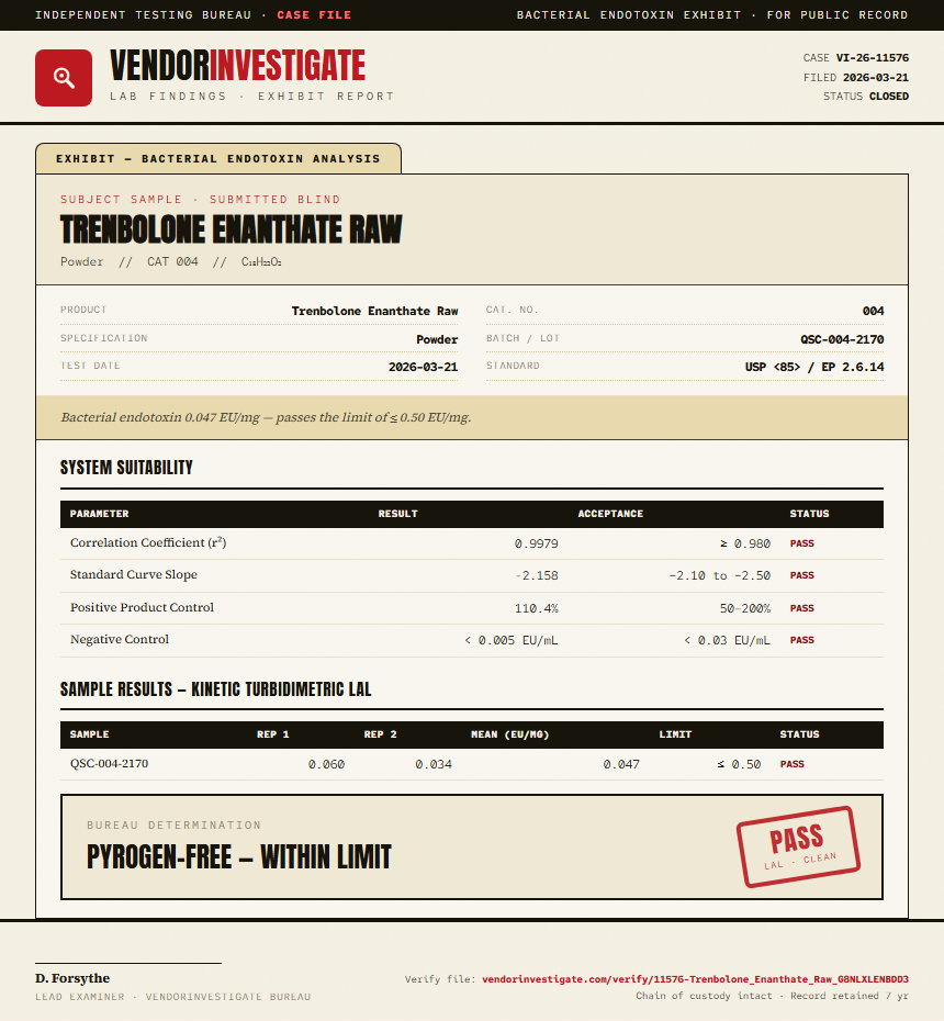 Trenbolone Enanthate Raw Endotoxin report by VendorInvestigate