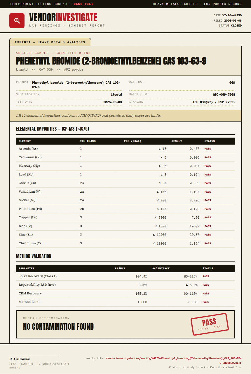 Phenethyl bromide (2-bromoethylbenzene) CAS 103-63-9 Heavy Metals report by VendorInvestigate