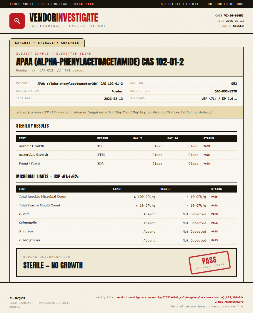 APAA (alpha-phenylacetoacetamide) CAS 102-01-2 Sterility report by VendorInvestigate