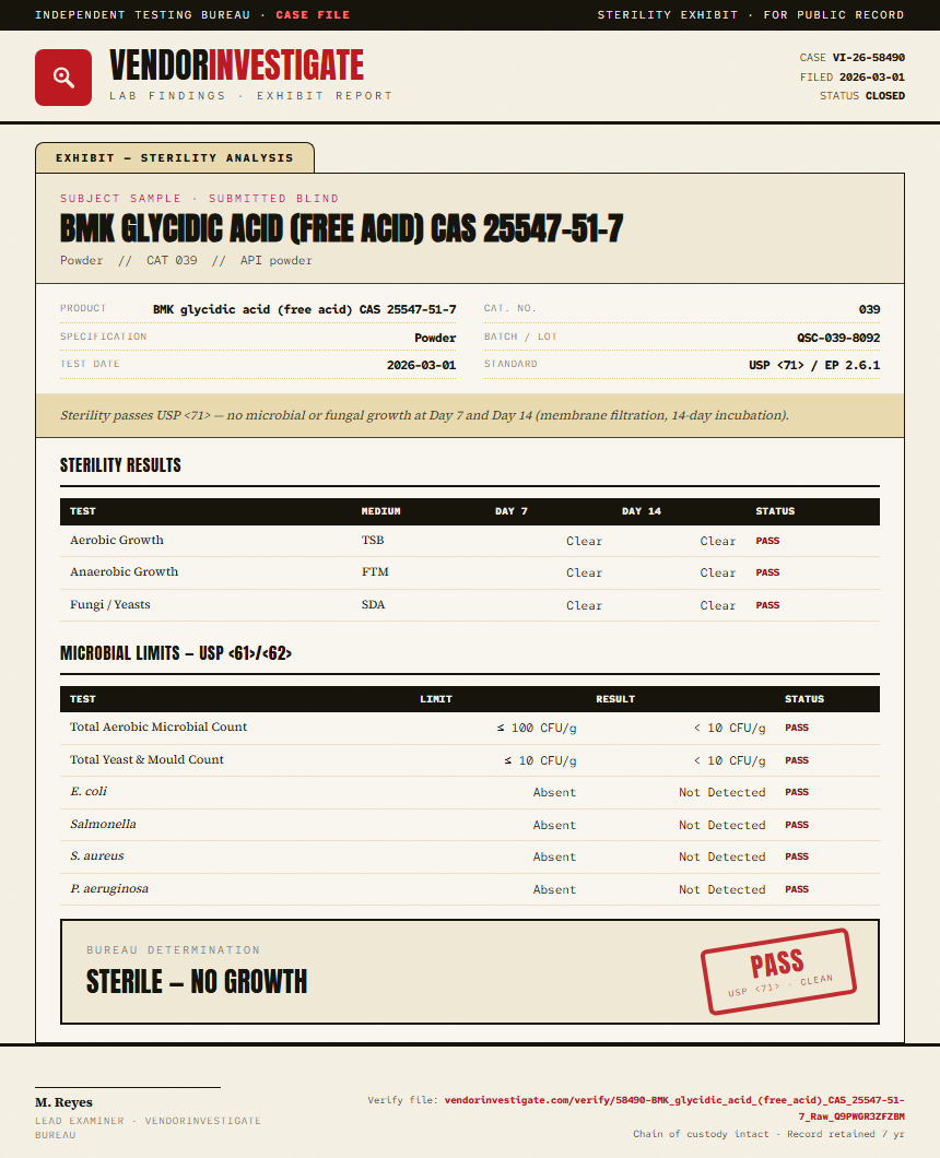 BMK glycidic acid (free acid) CAS 25547-51-7 Sterility report by VendorInvestigate