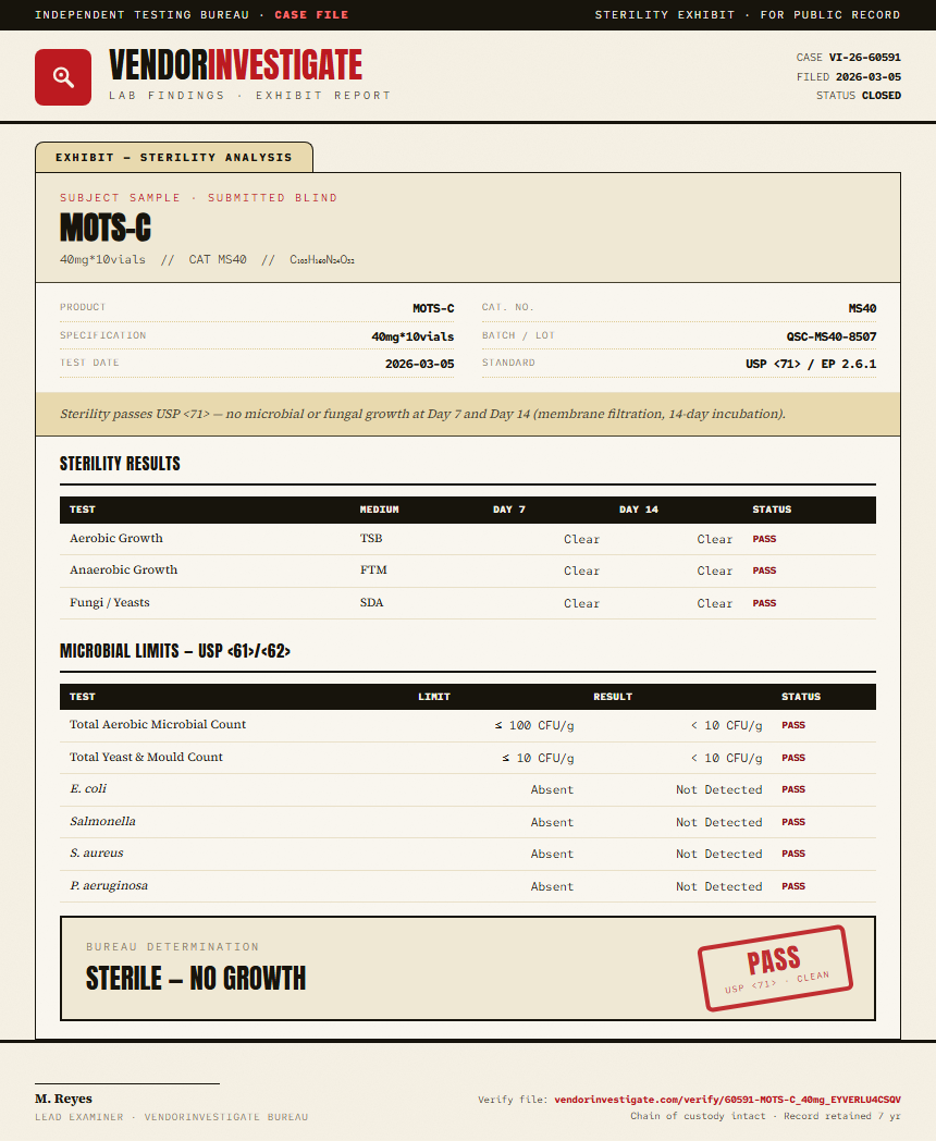 MOTS-C Sterility report by VendorInvestigate