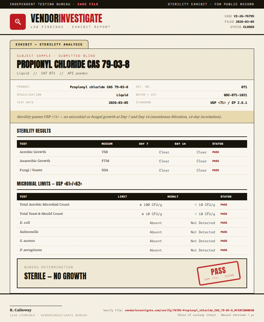 Propionyl chloride CAS 79-03-8 Sterility report by VendorInvestigate